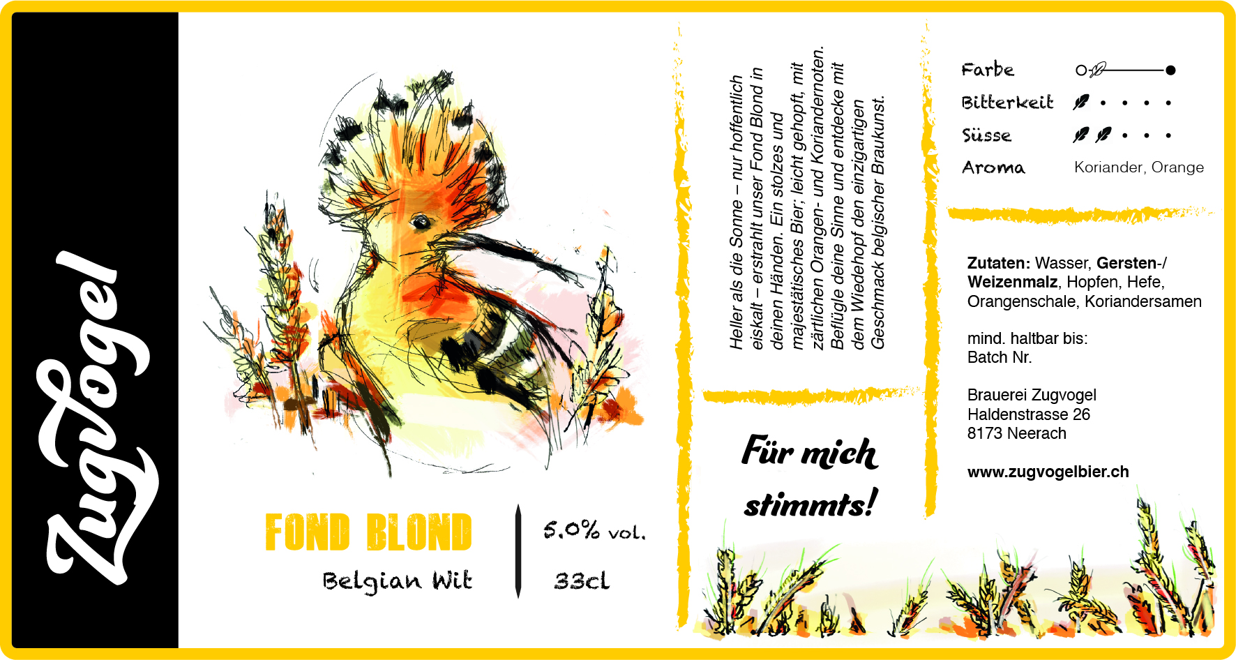 Foto einer Flasche Fond Blond mit einem Glas rechts und Orangen, Koriander und Weizen im Vordergrund